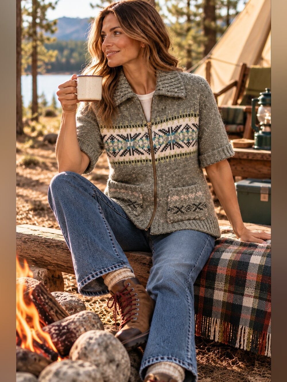 Woolrich Wool Blend Fair Isle Zip Cardigan Sweater Jacket Women’s M Gray/olive